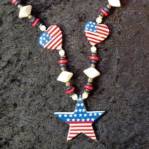 Patriotic Heart & Stars Wooden Bead Necklace